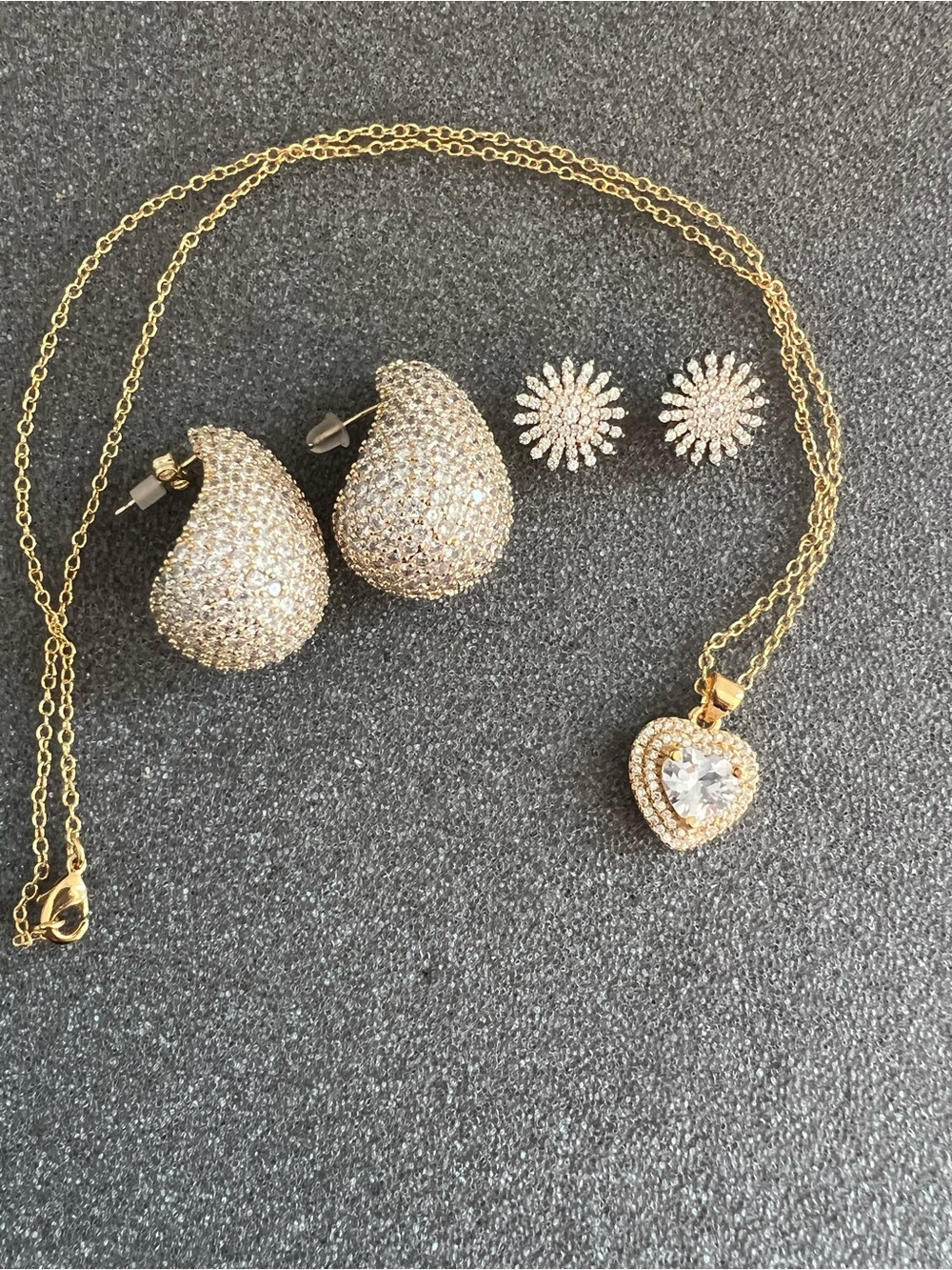Lot of Cubic Zirconia Gold Tone Jewelry Heart Necklace & 2 Pair Earrings